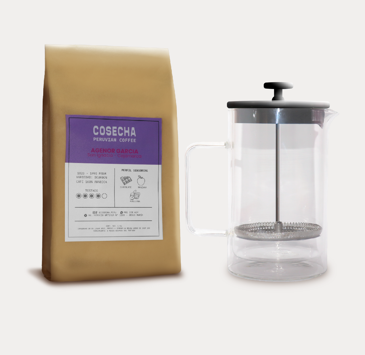 Andes Vivos Pack - 1kg coffee + French press + mug